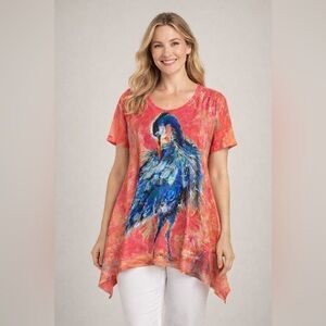 Leoma Lovegrove Art Tunic Top XXXL Coral Pink Tropical Bird Handkerchief Hem